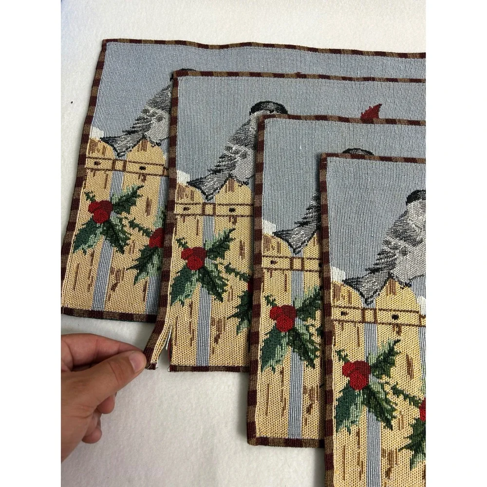 Winter Holiday Blue Red Woven Tapestry Bird Placemats Set 4